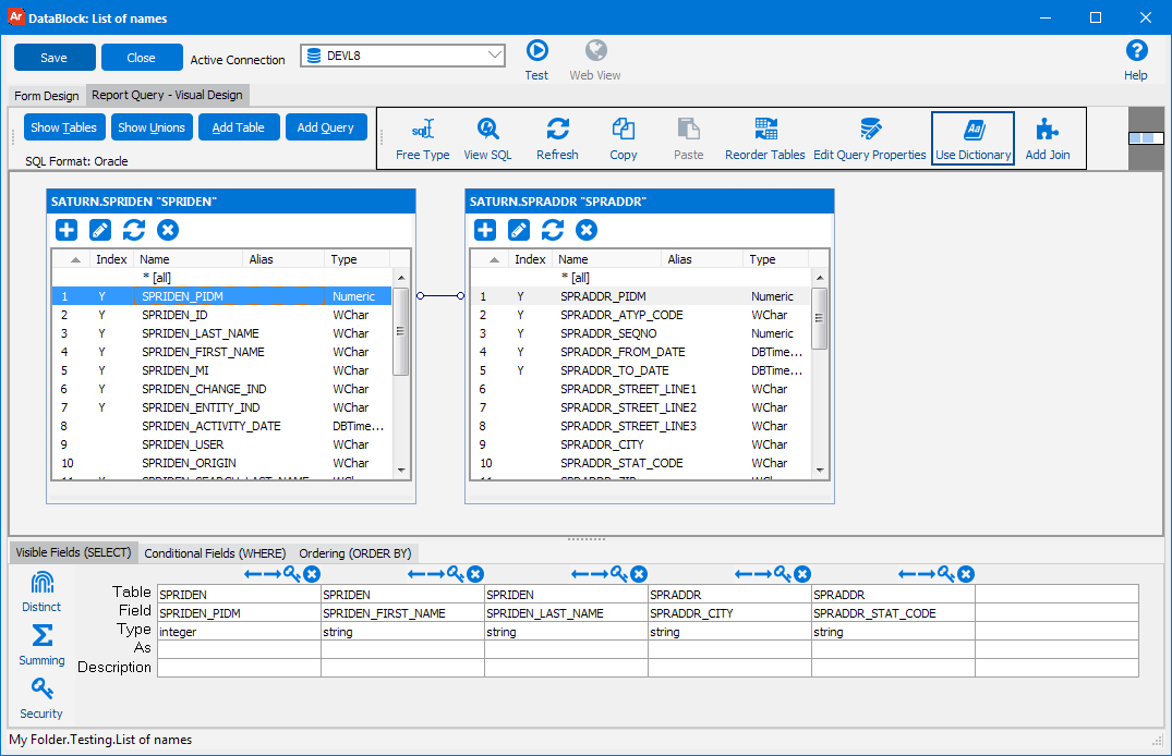  Form Designer with the Report Query tab selected.